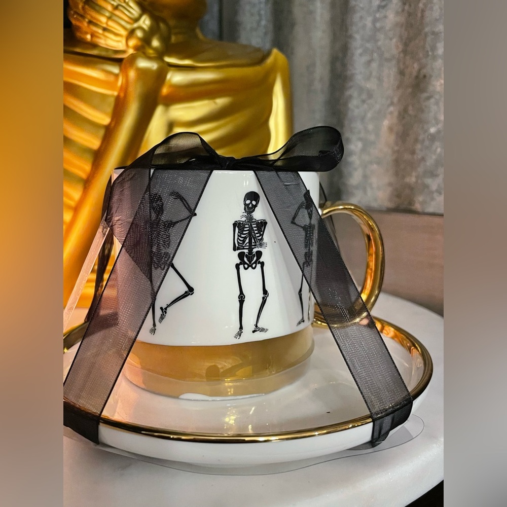ELEGANCE Skeletons Cup And Saucer Set Black And White W/Gold Trim 🖤💛💀💛🖤